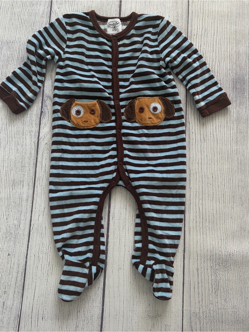 Mudpie Blue & Brown Striped Footed Dog One-Piece Sleeper Size 9-12 months